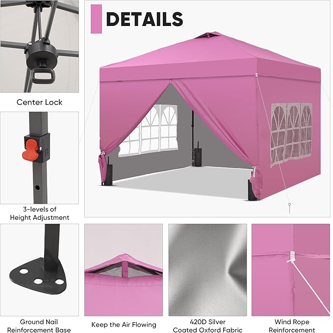 Saemoza 10x10 Pop Up Canopy Tent with One Push Setup, Portable Sun Shade Tent, Instant Easy Up Canopy with 4-Sidewalls & Handbag, Outdoor Fldable Gazebo with Vent Top, Pink.