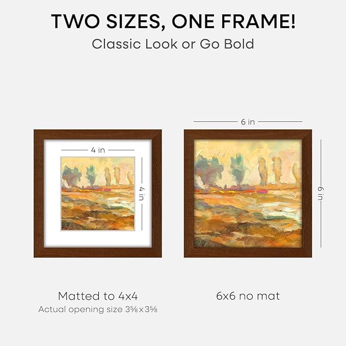 Homeforia 6x6 Picture Frame Brown, High-End Dark Oak 6 x 6 Square Brown Wood Frame with Mat 4 by 4 for Art, 6by6 Wooden Walnut Poster Frame Matted to 4x4 inch Photo, Tempered Glass, Wall Kit, Set of 2