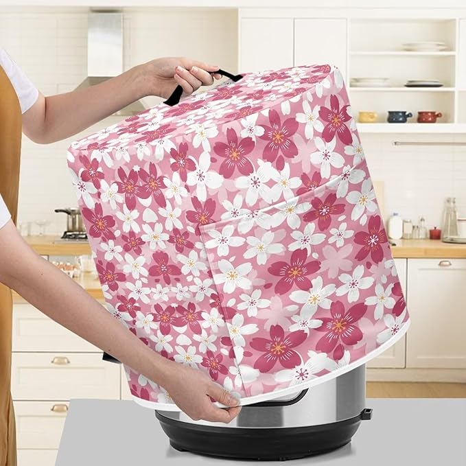 TODIYADDU Pink Cherry Blossoms Pressure Cooker Cover with Handle and Storage Pocket for Extra Accessories Portable Kitchen Small Appliance Dust Cover Protective Case