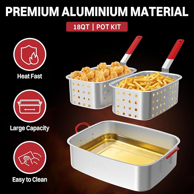 18QT Aluminum Deep Fryer Pot with 2 Baskets | Lid | 9" Fryer Tong | 6" Thermometer | Outdoor Fish Fryer Pot | Ideal for Frying Fish | French Fries | Chicken Wings