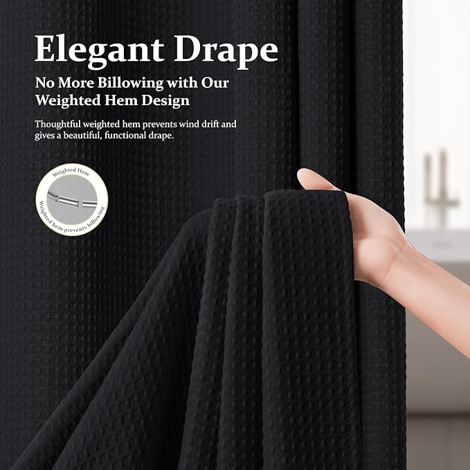 Dynamene Waffle Shower Curtain 256 GSM Heavy Duty Fabric 72"x72" Black - Image 3