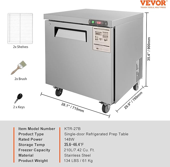 VEVOR 28" W Commercial Refrigerator, Undercounter Worktop Refrigerator, 7.4 Cu. Ft Thick Stainless Steel Refrigerated Food Prep Station Fan Cooling Single Door Worktop Fridge with lock for Bar