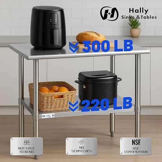 Hally Stainless Steel Table for Prep & Work 30 x 12 Inches, NSF Commercial Heavy Duty Table with Undershelf and Galvanized Legs for Restaurant, Home and Hotel