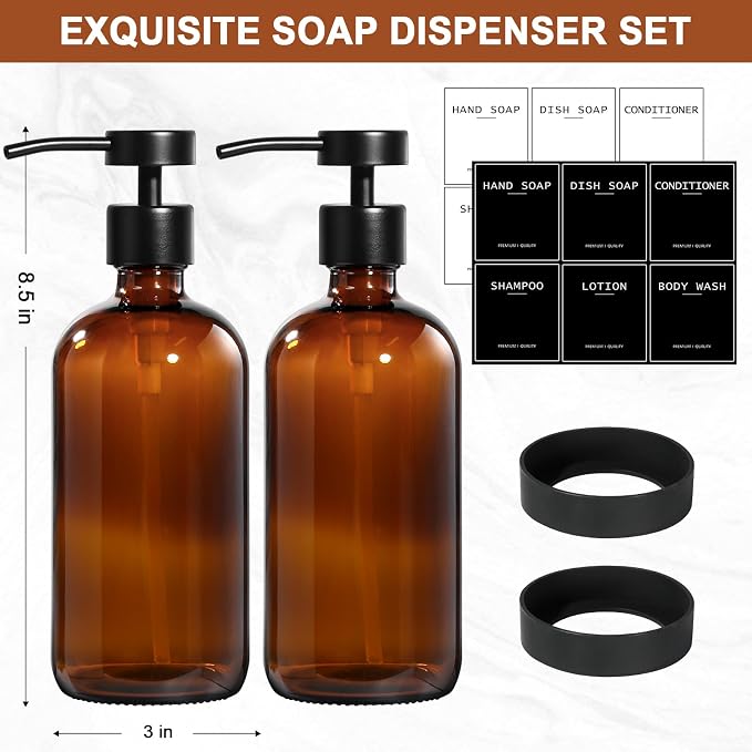 RYTOXILO Hand Soap Dispenser 2 Pack, Amber Glass Bathroom Soap Dispenser - Image 2