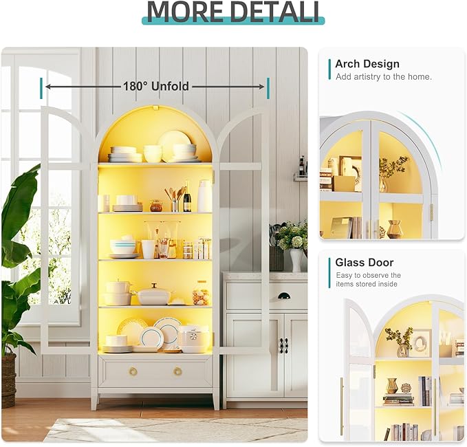 Lvifur 73" Tall Arched Display Cabinet with Glass Doors,4-Tier Curio Cabinets with 3 Color Lights for Collectibles,LED Storage Cabinet with Human Body Sensor,Ajustable Shelf for Toys, Books,White