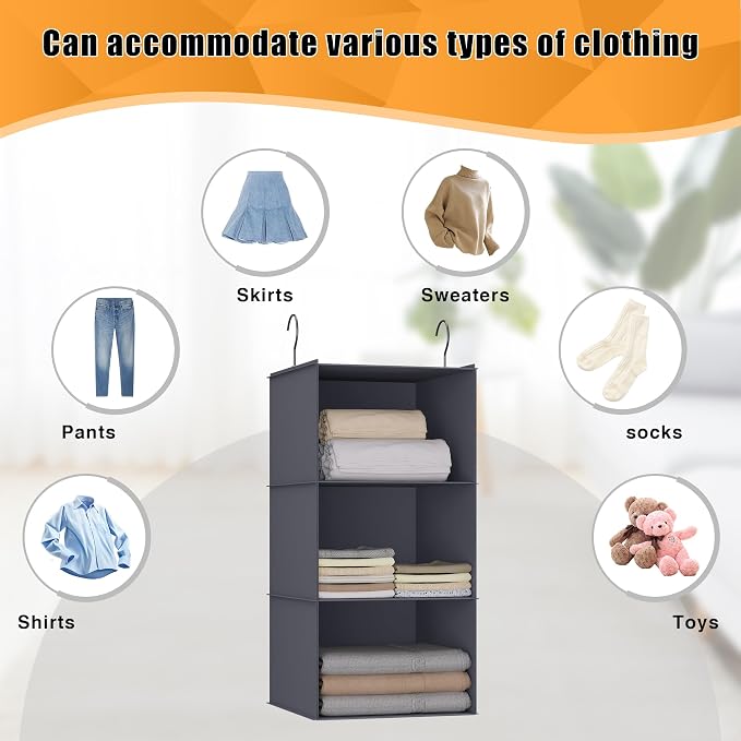 Hanging Closet Organizer 3-Shelf, Oxford Fabric Wardrobe Storage, Dark Gray | - Image 7