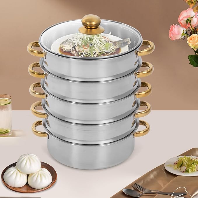 Stainless Steel Steamer Pot, 10.3-Inch Steamer for Cooking, 5-Tier Food Steam Pots with Lid for Cooking Vegetables, Seafood, Soups, Stews, Dumplings and Pasta