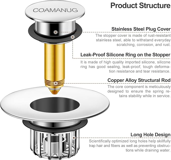 coamanug Bathtub Stopper | Shower Drain Hair Catcher, Pop-up Tub Stopper - Image 8