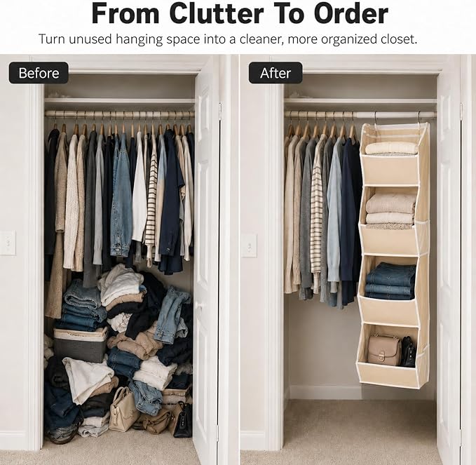 4-Shelf Hanging Closet Organizer and Storage, Fabric Storage Bins Bedroom - Image 3