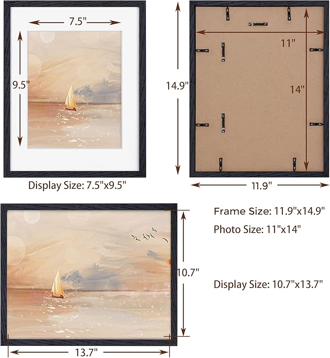 Fun Memories Black Picture Frame 11x14, Rustic Oak Wood 11 x 14 Photo Frames for Wall, 11x14 Frame with Mat for 8x10, Rustic Wood 11 by 14 Wall Gallery Frame Set, Black 11"x14" Frames, 1 Pack