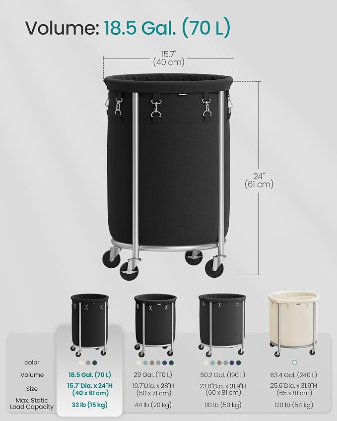 SONGMICS Laundry Basket with Wheels, 18.5 Gal., Steel Frame, Removable Bag - Image 6