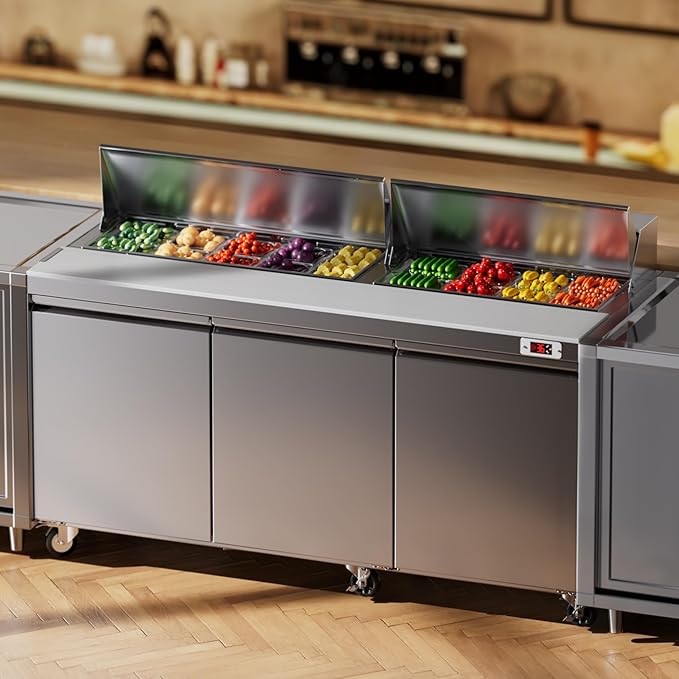 72" W Sandwich Salad Prep Table 3 Door Commercial Stainless Steel Food Prep Station, Cut Board with lock for Restaurant