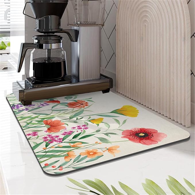 LOKHOM 12"x20" Dish Drying Mat，Colorful Floral Coffee Mat | Ultra Absorbent - Image 7