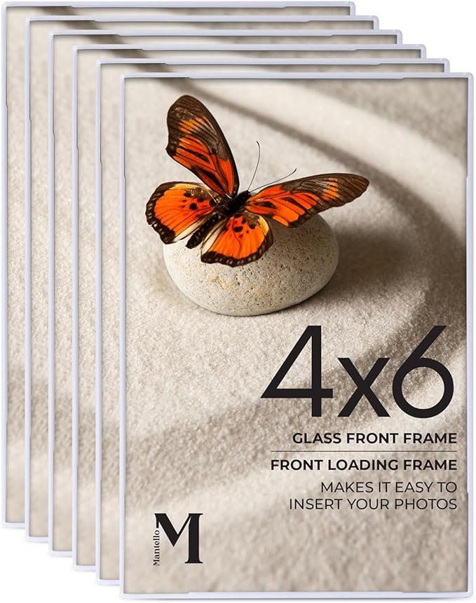 Mantello Front Loading White 4x6 Picture Frame - 4 x 6 Frame For Tabletop or Wall Decor - 4 by 6 White Picture Frames- 6 PACK