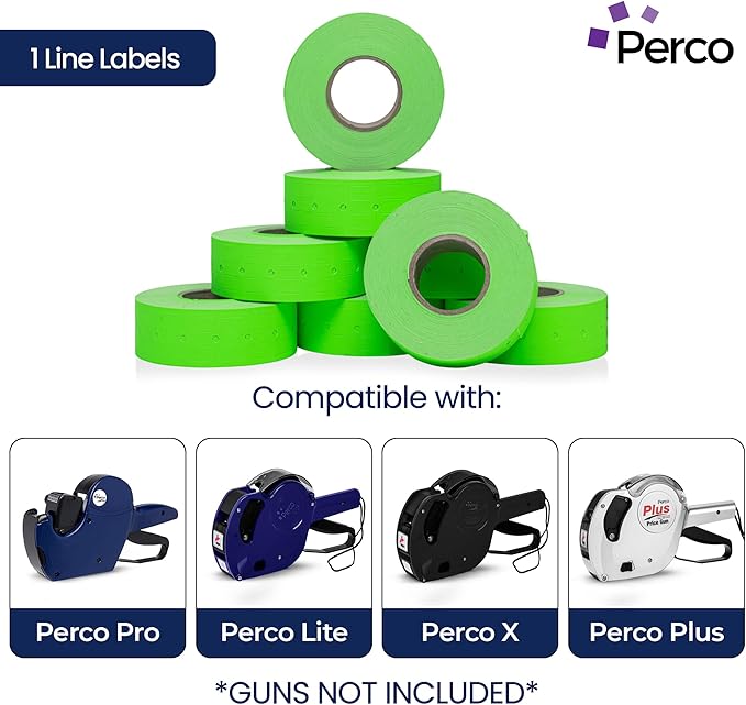 Perco 1 Line Fluorescent Green Labels - Case of 30 Sleeves, 240,000 Blank Pricing Labels for Perco Lite, X, Plus and Pro 1 Line Price and Date Guns