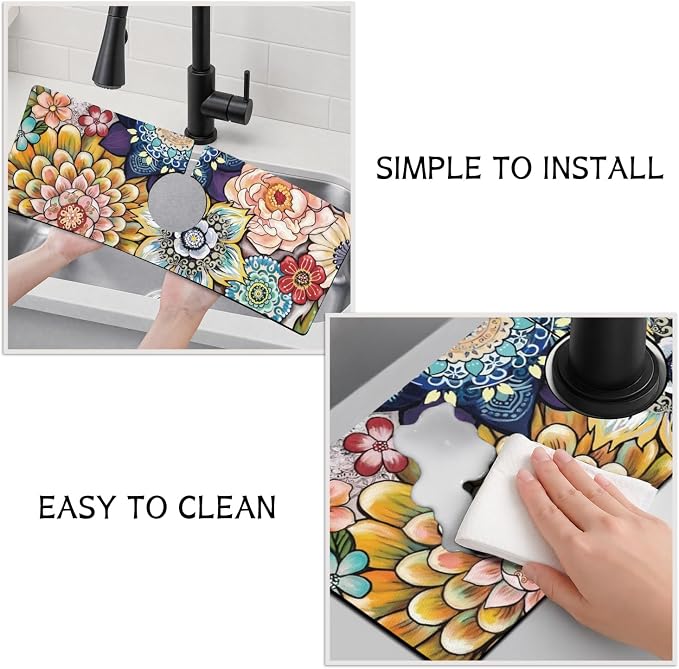 Boho Colorful Mandala Flower Kitchen Sink Splash Guard Faucet Mat, Faucet - Image 4