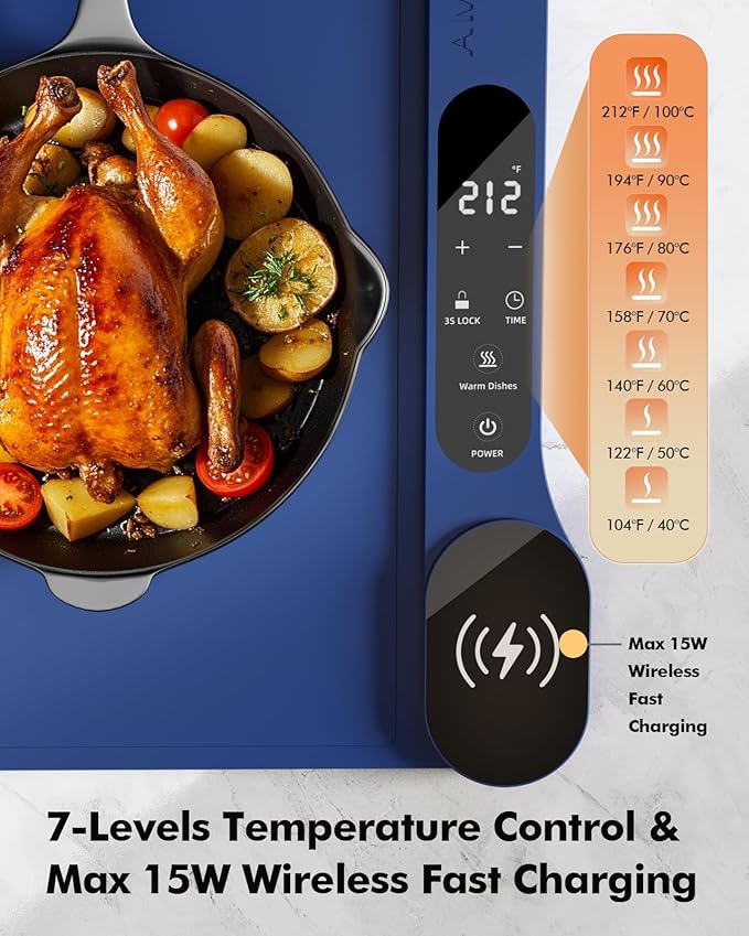 New Food Warming Mat with Wireless Charger, 34”x15” Extra Large Roll Up Food Warmer, Fast Heating Mat for Food with 7 Level Temperature & 8 Hours Timer, Electric Warming Trays for Buffets Party (Blue)