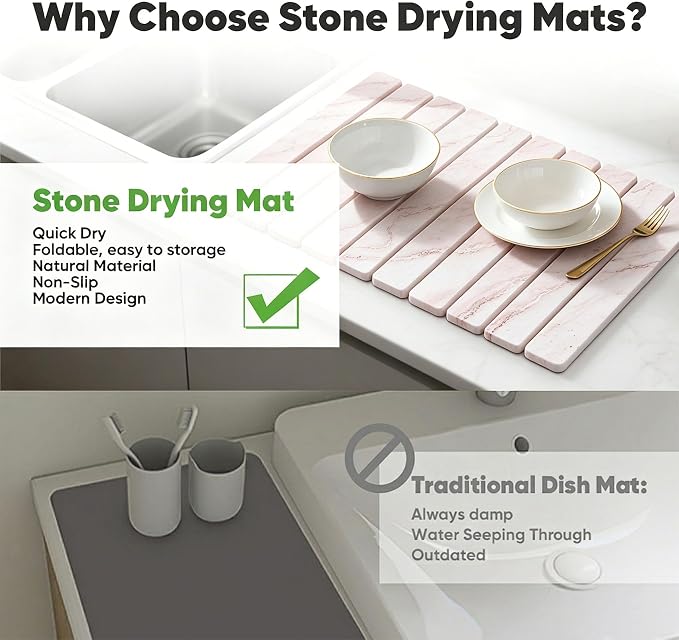Stone Drying Mat for Kitchen Counter, Quick Diatomaceous Earth Mats for Dishes - Image 3
