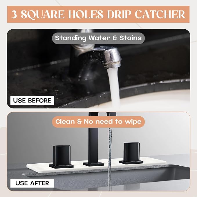 Teenyyou 3 Square Hole White Faucet Mat Kitchen Sink 16.14" x 4.49" | Bathroom - Image 5