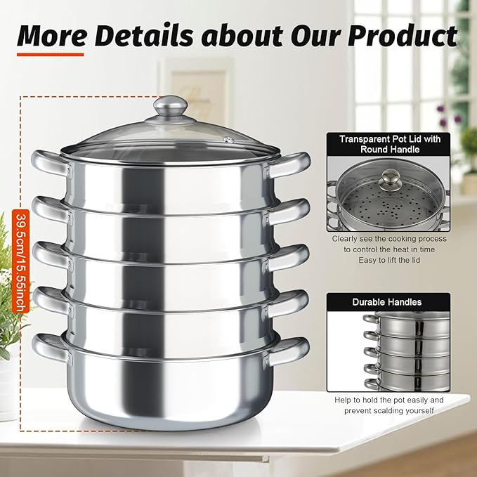 Steamer 30cm/11.81in, 5-tier Stainless Steel Steam Cooker w/Clear Glass Lid & Handles, Home Round Stackable Multipurpose Steam Pot for All Stoves, 14.37 * 15.55in (1xBottom Pot, 4xSteaming Baskets)