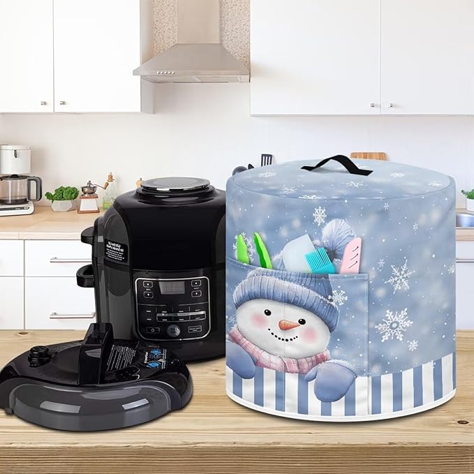 TODIYADDU Stripes Snowman Air Fryer Cover for 3 Quart Instant Pots Winter Print Kitchen Appliance Dust Cover with Handle and Pocket Lightweight Round Protective Cover for Rice Cooker Coffee Maker