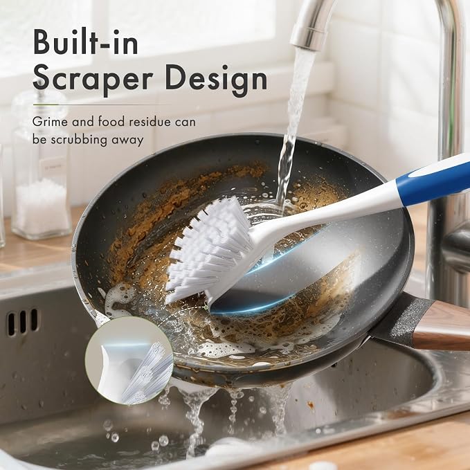 Dish Brush with Handle, 2 Pack Kitchen Scrub Brushes with Built-in Scraper - Image 3