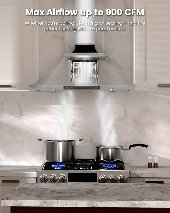 JOCO 36 Inch Wall Mount Range Hood, 900 CFM Stainless Steel Kitchen Chimney Vent Hood, Convertible for Ducted or Ductless Installation, 4-Speed Gesture/Touch/Remote Control P02-36G
