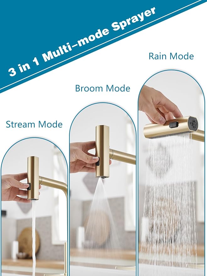 Gold Kitchen Faucets with Pull Down Sprayer, Waterfall Kitchen Sink Faucet - Image 2