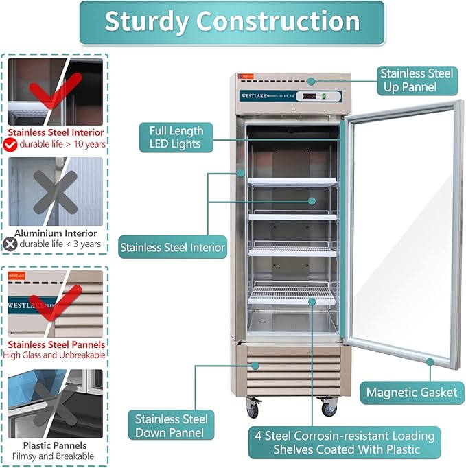 WESTLAKE 27" W Commercial Display Refrigerator Glass door Merchandiser Stainless Steel Reach-in Upriht Fan Cooling 23 Cu.ft Cooler for Restaurant, Bar, Shop, etc