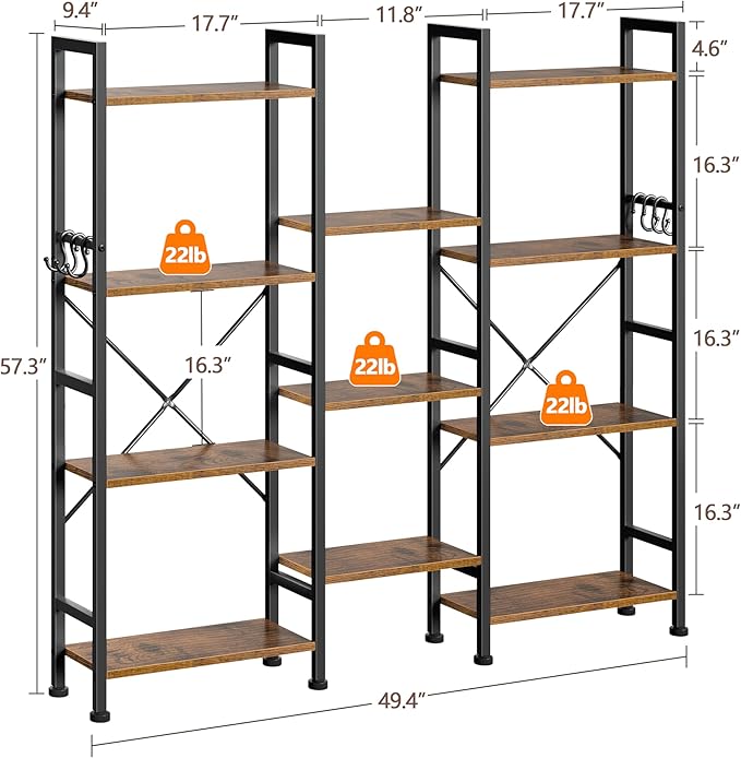 Furologee Triple 4 Tier Bookshelf, Bookcase with 11 Open Display Shelves, Wood and Metal Shelf Storage Organizer,Industrial Wide Shelving Unit for Living Room,Home Office,Rustic Brown