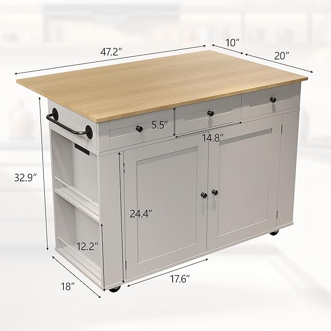 47.2 in Mobile Kitchen Island with Drop Leaf Countertop, Charging Station & Ample Storage, Rolling Kitchen Cart on Wheels with Pull-Out Shelves, Drawers, Spice Rack & Organizer Divider (Gray-1)