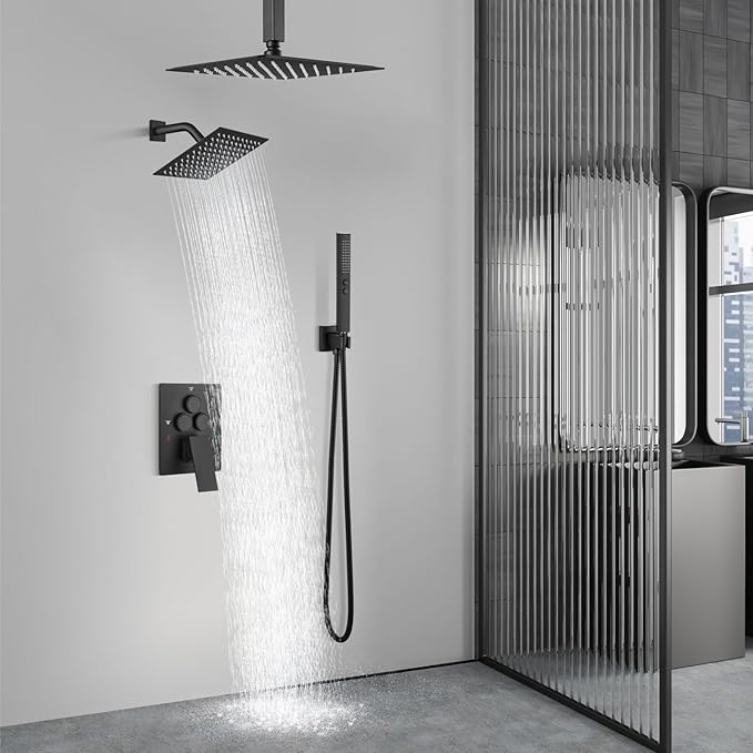 Aolemi Shower Faucet Set Ceiling Mount Shower System Rough-in Valve and Shower Trim Kit 2 in 1 Handheld Spray Push Button Diverter 10 and 6 Inch Dual Shower Head Matte Black