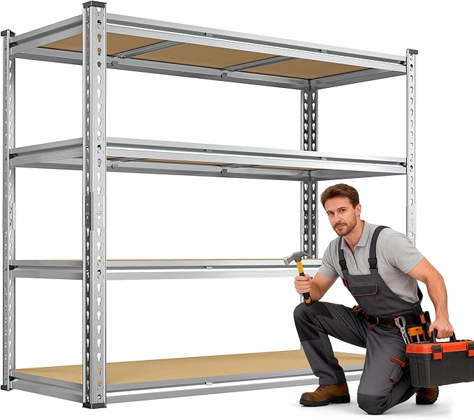 Garage Shelving Load 2100LBS, 4-Tier Storage Shelves, Adjustable Garage Shelves, Shelving Units and Storage, Metal Shelf for Kitchen, Pantry, Warehouse, 48" W x 60" H x 17.9" D, Galvanized