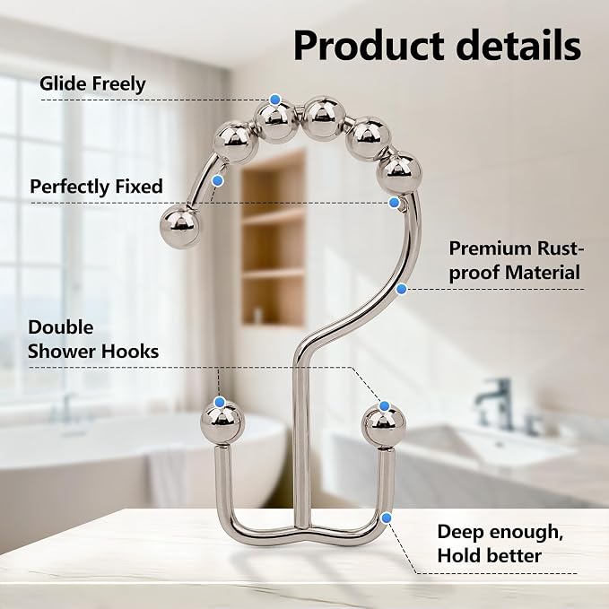 Resze 12 Pcs Shower Curtain Hooks, Metal Double Shower Curtain Rings - Image 3