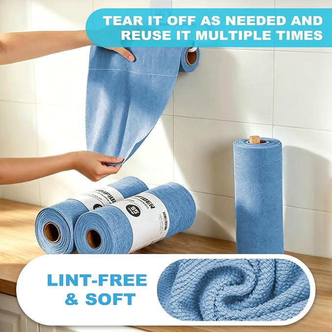 Puomue 55 Pack Microfiber Cleaning Cloth Roll, Tear Away Reusable Towels - Image 4