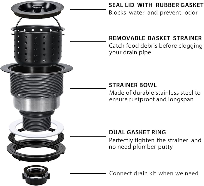 Kitchen Sink Drain 3-1/2 Inch Black Sink Drain Assembly Kit, Removable Deep - Image 6