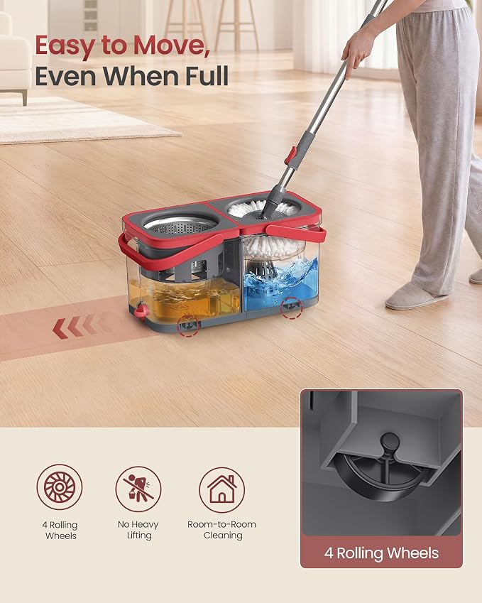 SONGMICS Spin Mop and Bucket Set, 2 Washable Microfiber Mop Heads - Image 4
