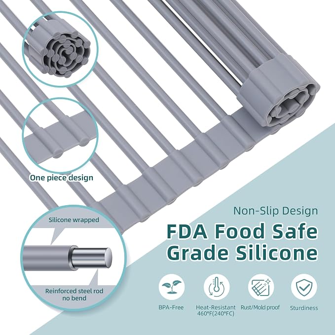 Ohuhu Over Sink Dish Drying Rack Silicone Wrapped 17.6" W x 15.4" L Large Over - Image 4