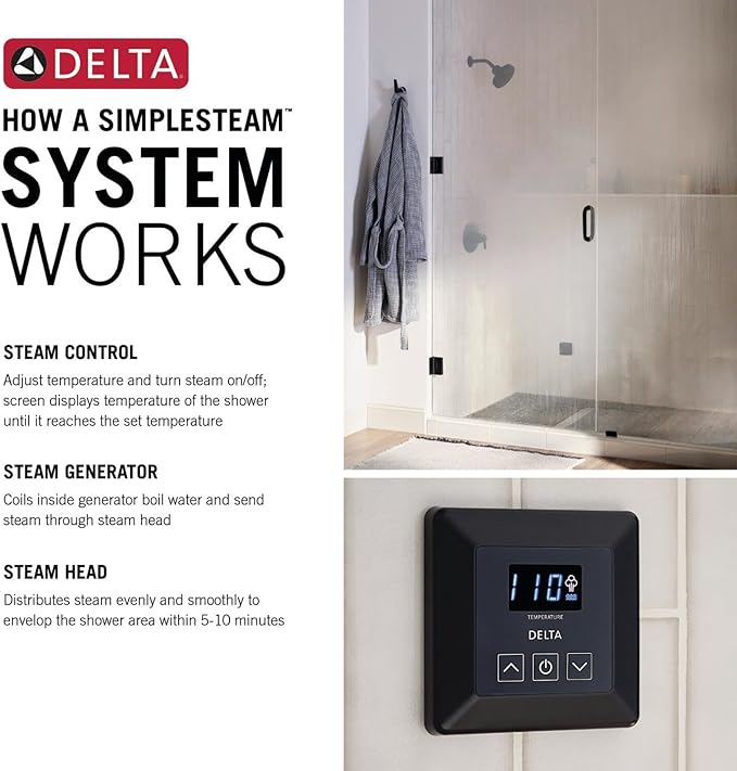 Delta Faucet SimpleSteam 6kW Steam System Kit Matte Black, Includes 6kW Steam System Generator, Square Digital System Control, Square Steam Head, Matte Black 5P-EST06-BL