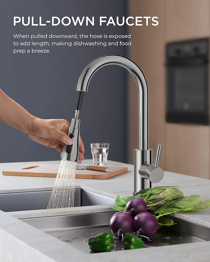 FORIOUS Kitchen Faucets with Pull Down Sprayer, Stainless Steel, Chrome | - Image 2