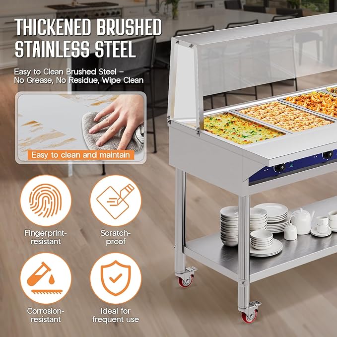 Jocisland 4-Pan 96QT Commercial Food Warmer, 1800W Stainless Steel Buffet Server with Independent Temp Controls, Acrylic Shield, Undershelf, Wheels, Food Tongs, 110V