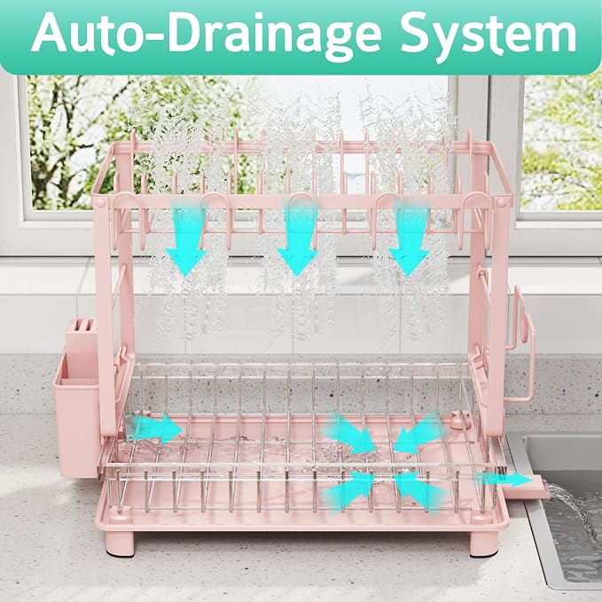 2-Tier Dish Drying Rack for Kitchen Counter, Space-Saving, Auto Drain Spout - Image 3