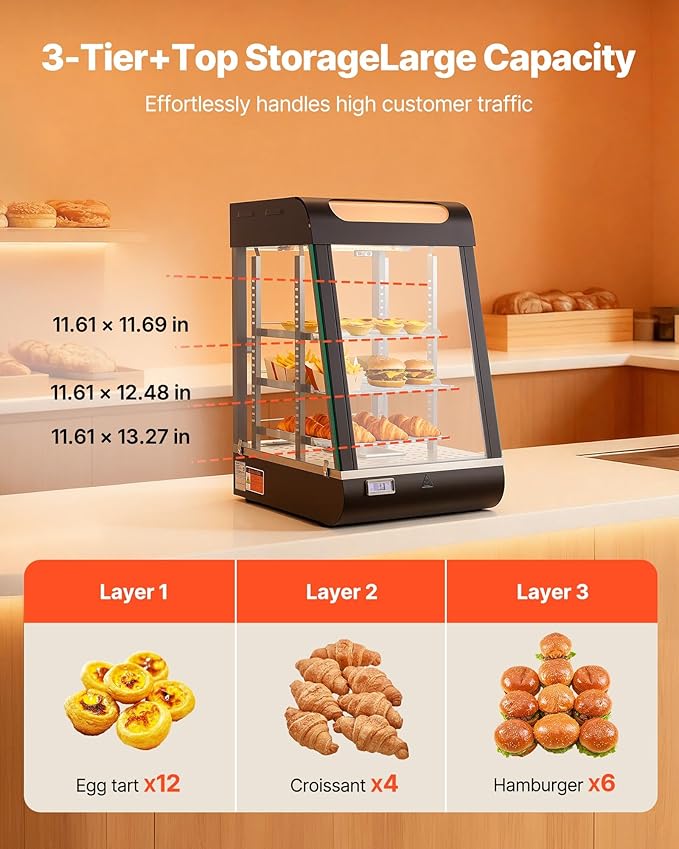 VEVOR 3-Tier Commercial Food Warmer Display, 800W Food Display Warmer with LED Light, Top Storage and Adjustable Shelves, 86℉~185℉ Steam Heating, 60 Qt /57L for Hamburger, Pizza, Bread, Fried Chicken