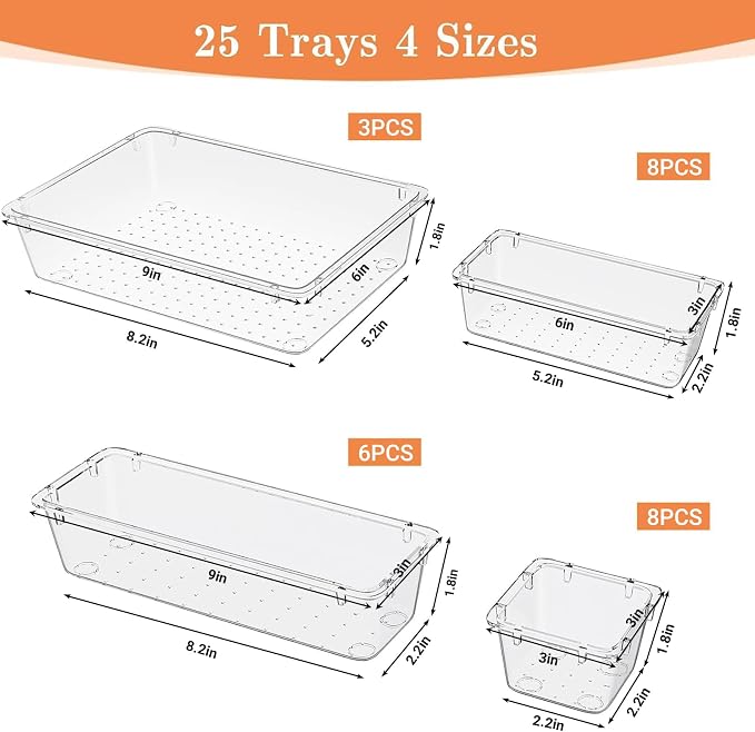 SpaceHacks 25 PCS Plastic Drawer Organizer, 4-Size Versatile Organizer Trays & - Image 2