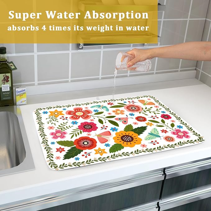 Colorful Boho Floral Dish Drying Mat 18x24 Inch Dishes Dry Pad Drainer Rack - Image 7