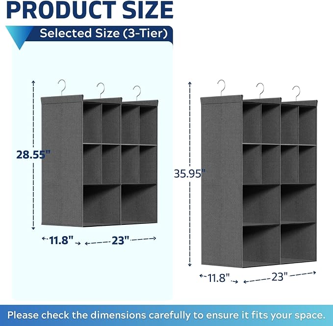 3 Tier Hanging Closet Organizer, 10 Compartments Dual Row Storage, 3 Sturdy - Image 2