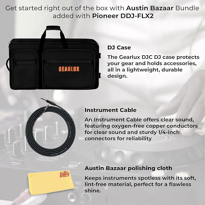Pioneer DJ AlphaTheta DDJ-FLX2 Compact 2-Channel DJ Controller Bundle with Case, Instrument Cable, and Austin Bazaar Polishing Cloth