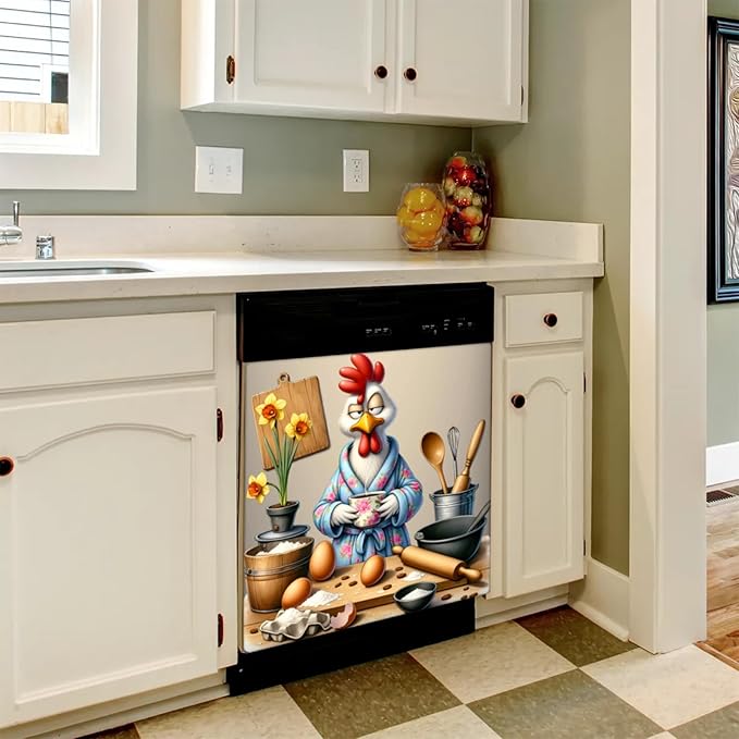 Rooster Funny Egg Flower Dishwasher Magnet Cover for The Front Dishwasher Door Cover Panel Decals Magnetic Refrigerator Cover for Kitchen Farmhouse Home Decor 23 X 26 in