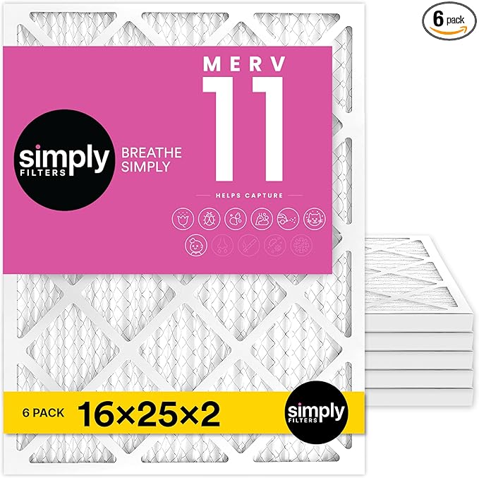 Simply 16x25x2 Air Filter, MERV 11, 6 Pack, Furnace Air Filter for HVAC (Actual Size: 15.5"x24.5"x1.75") DUST, Pet & Allergy Control
