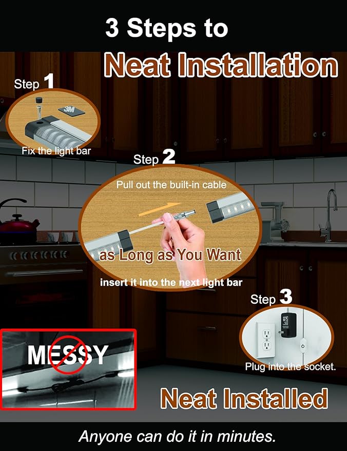LED Under Counter Lights for Kitchen Touch Under Cabinet Lighting Built-in Adjustable Cable No Messy Wires! 6 Pcs Cabinet Light 3000K 2700Lm 5 External-Cable for Garage Pantry Closet Timer Smart Plug
